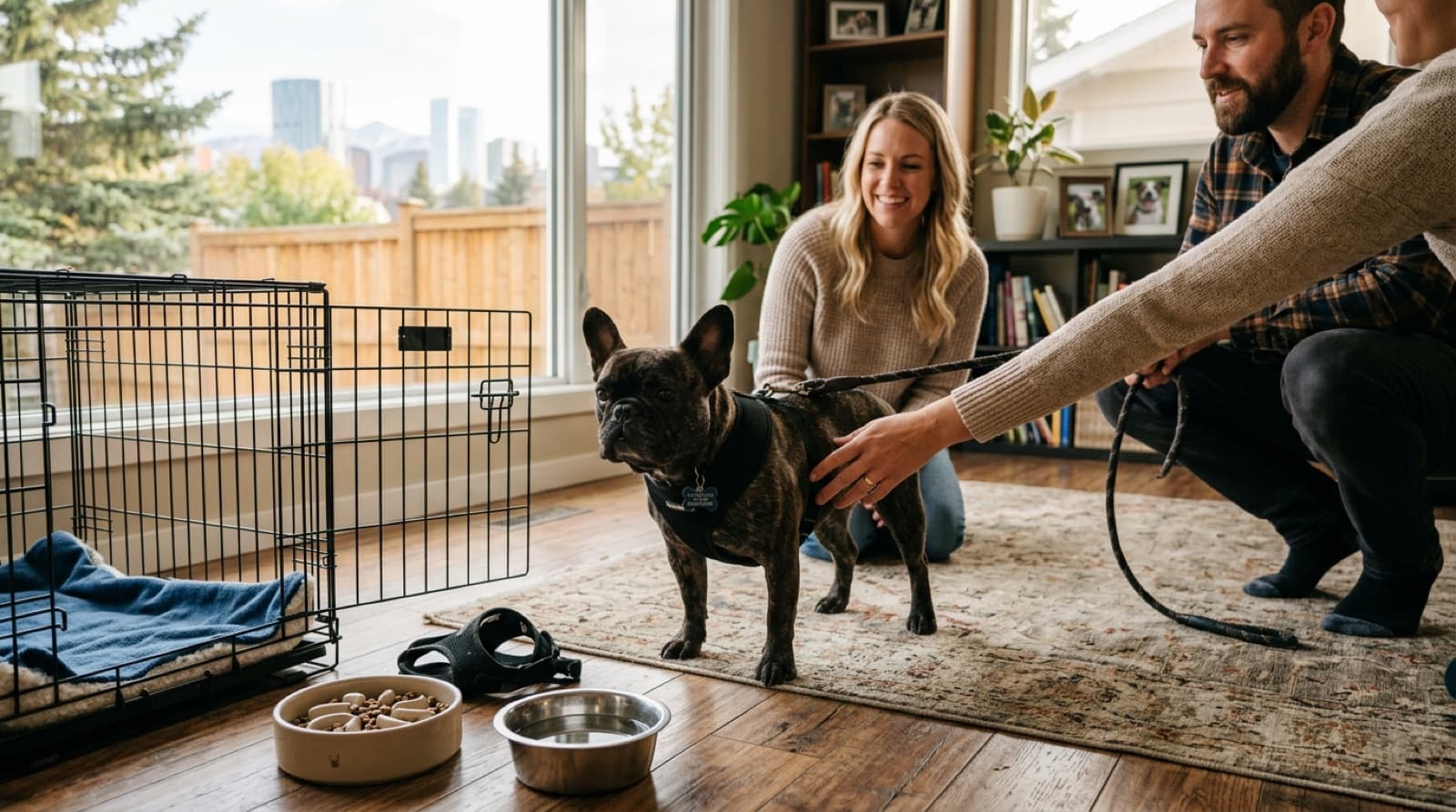 A new rescue French Bulldog being welcomed into a Calgary home with a crate, harness, and starter supplies visible