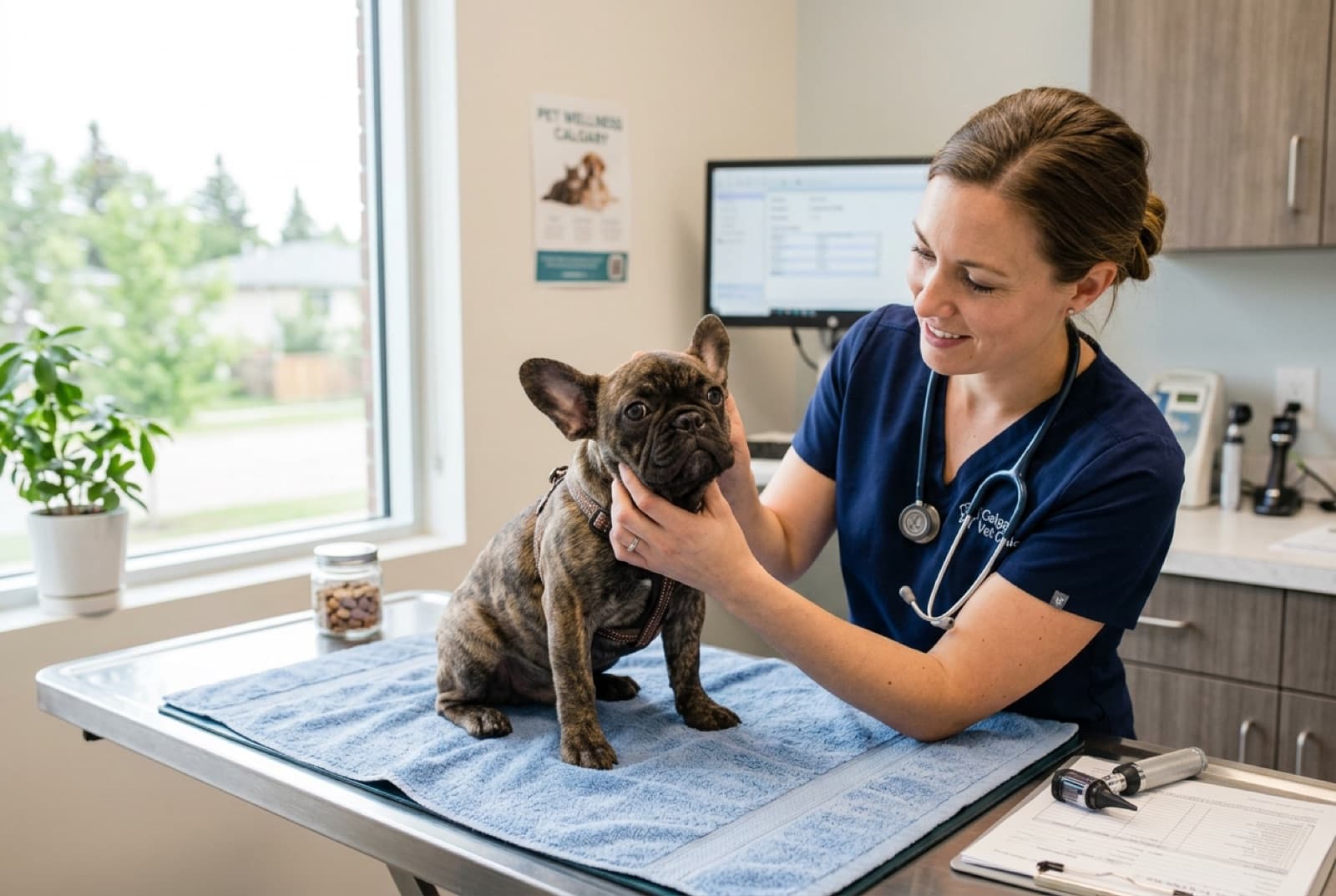 A French Bulldog at a Calgary veterinary wellness exam in the first week of adoption