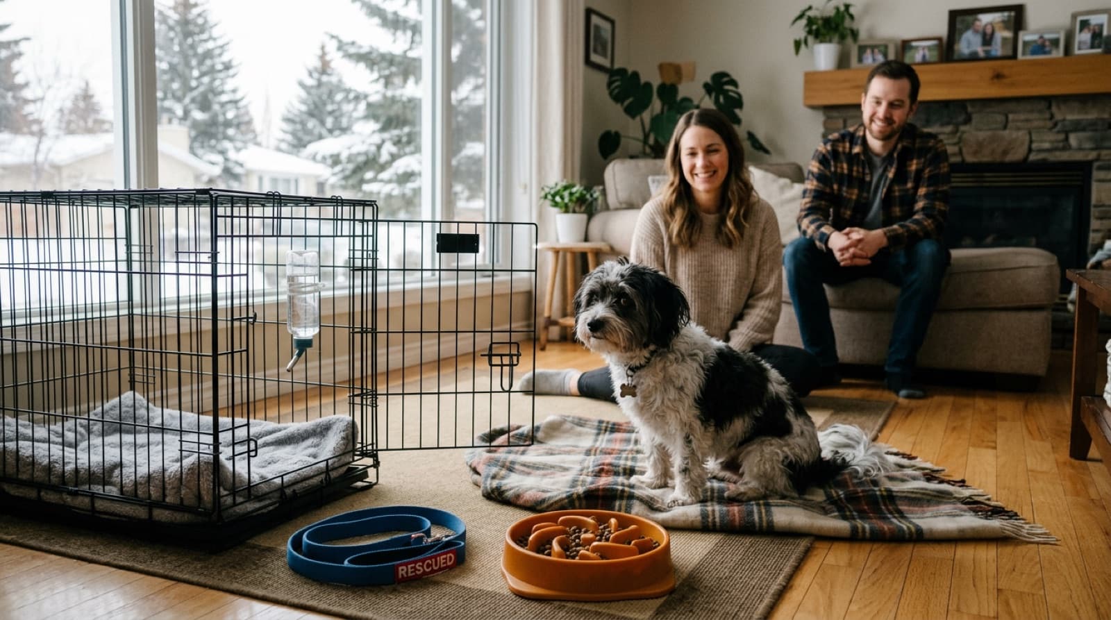 A new rescue Havanese settling into a Calgary home with a crate, slicker brush, and starter supplies visible