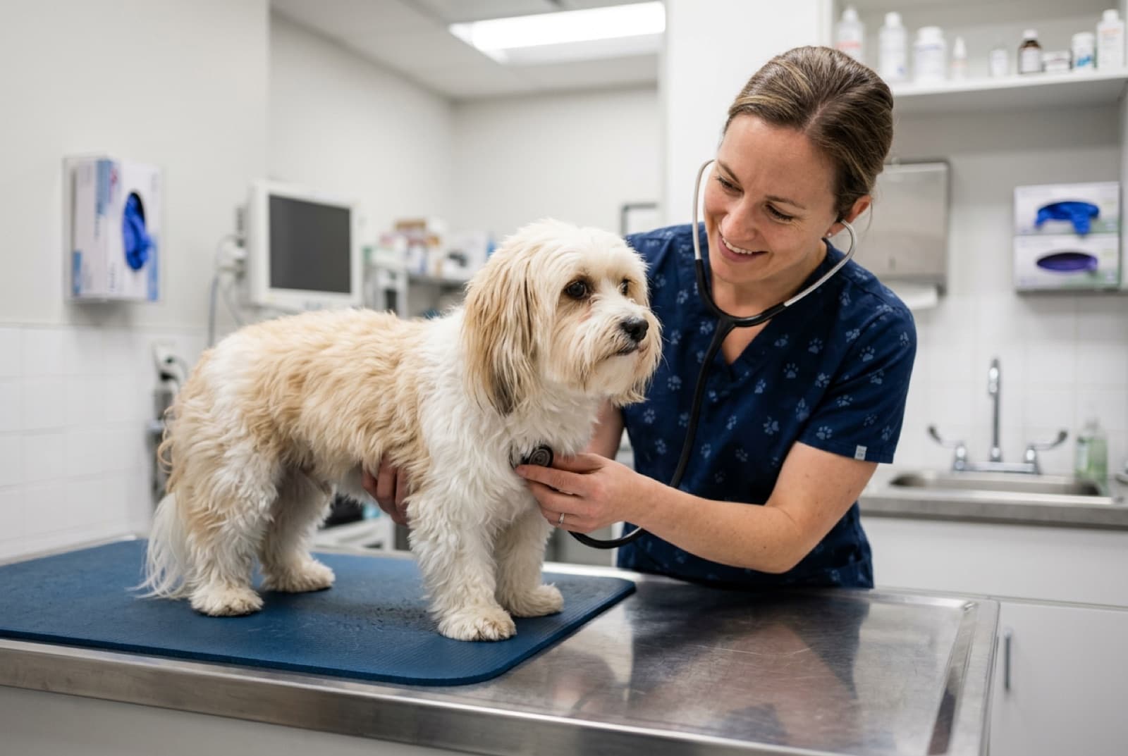 A Havanese at a Calgary veterinary clinic for a first-week wellness exam