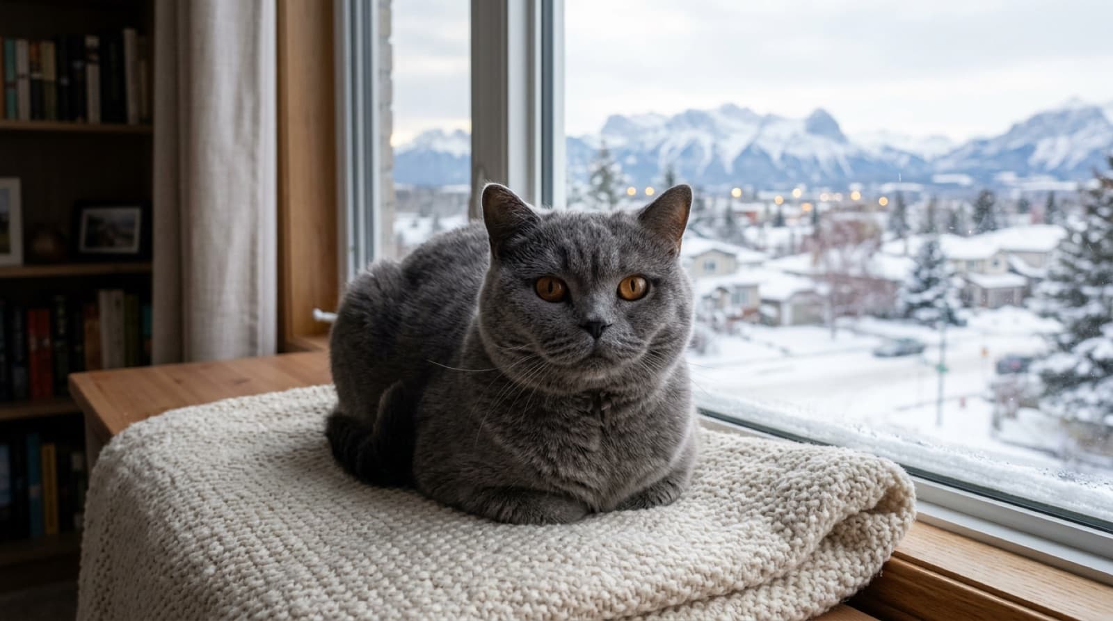 A round-faced blue British Shorthair with copper eyes, plush dense coat, and stocky build sitting on a Calgary living room windowsill, the breed look most adopters arrive wanting and rarely find as a true purebred in Calgary rescue