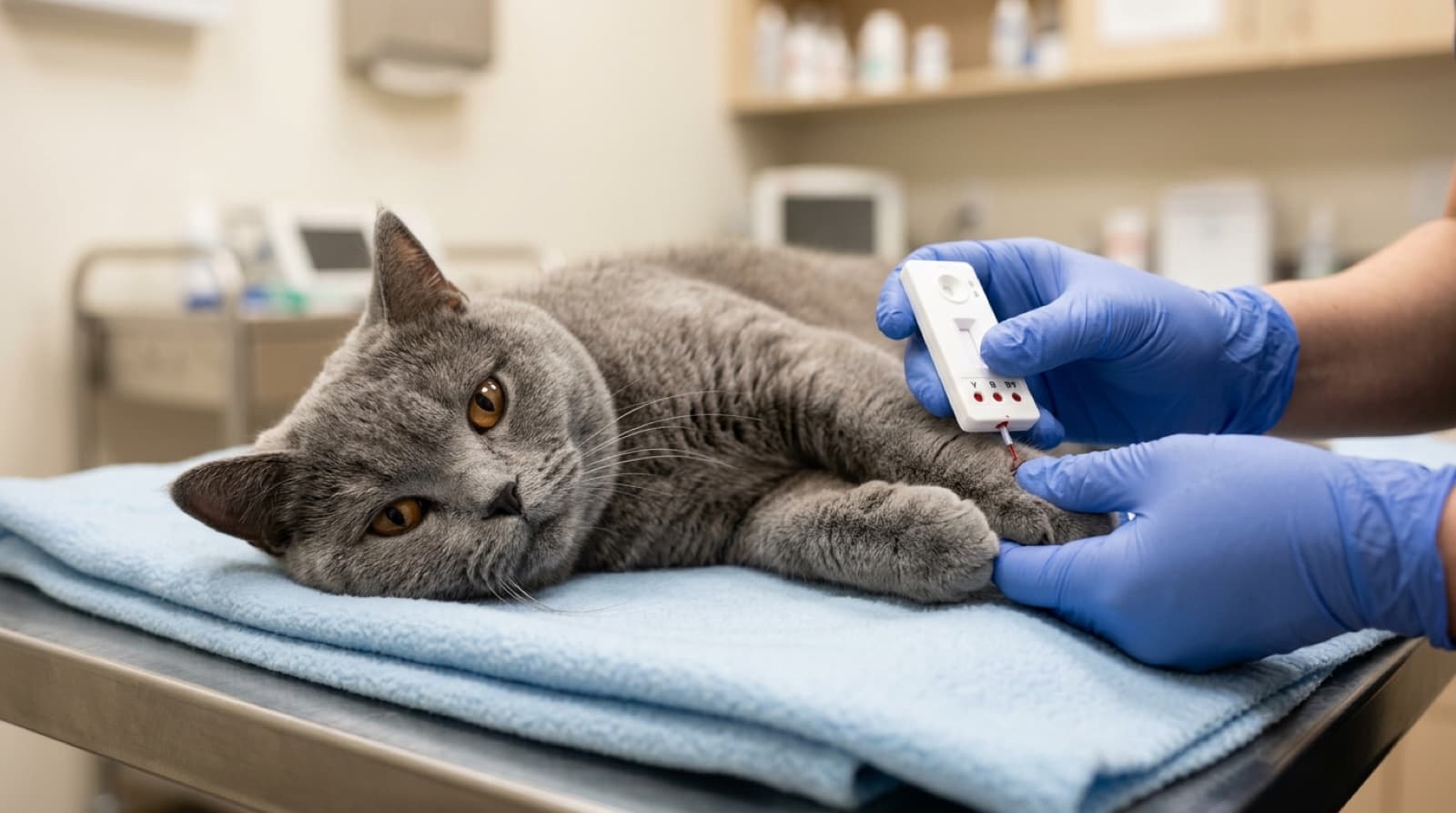 A blue British Shorthair cat with round copper eyes and dense plush coat resting on a Calgary veterinary clinic exam table during a routine wellness visit, with a veterinarian preparing a small blood sample for blood type screening before a scheduled spay or neuter procedure