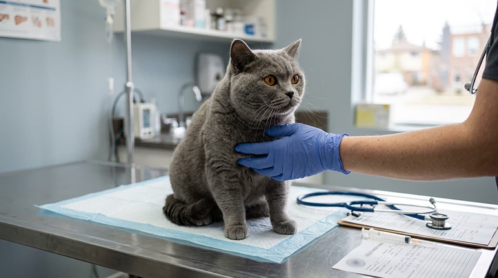 A healthy adult blue British Shorthair cat with the breed's characteristic round head, copper eyes, and dense plush coat sitting calmly on a veterinary examination table during an annual cardiology screening at a Calgary specialty veterinary clinic