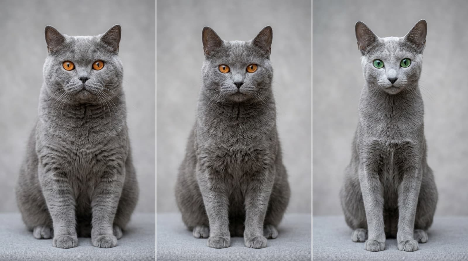 Three blue-coated cats side by side showing British Shorthair with copper eyes and chubby cheeks, Chartreux with narrow muzzle and woolly coat, and Russian Blue with vivid green eyes and slim elegant body, in a Calgary home