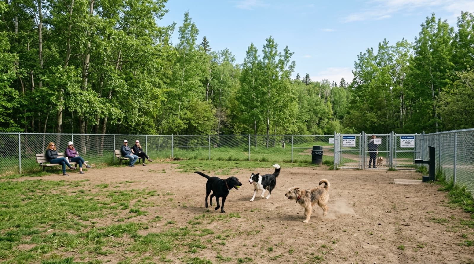 Fenced off-leash dog area at Buena Vista Park, west Edmonton, with medium-sized dogs playing on grass and packed-dirt surface ringed by poplar and aspen