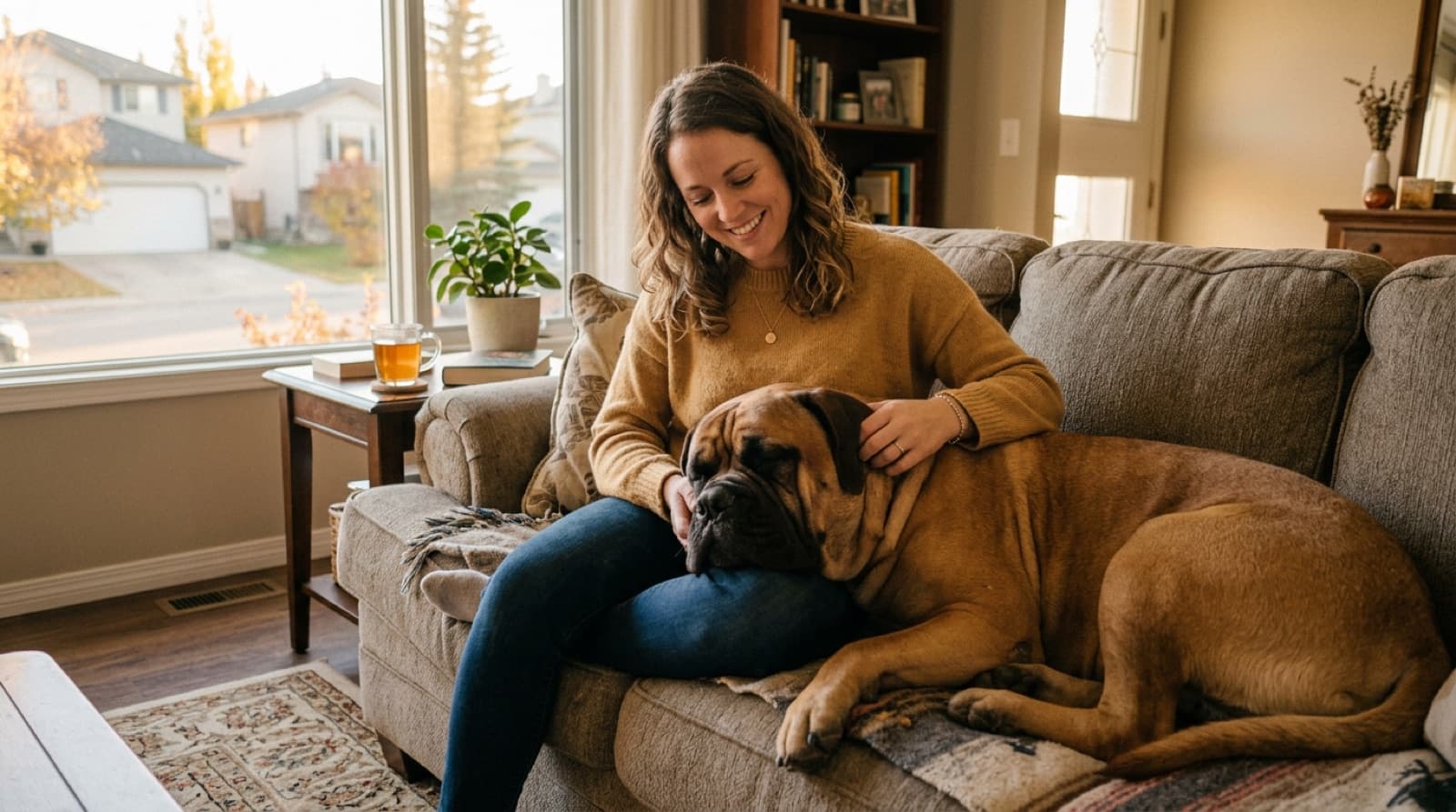 A first-time owner sitting on a couch with a calm adult fawn Bullmastiff resting their head on the owner's lap, illustrating the low-drive companion temperament that makes the breed surprisingly first-time-owner friendly