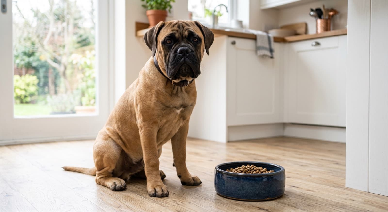 Bullmastiff standing beside a large bowl of kibble in a bright home kitchen