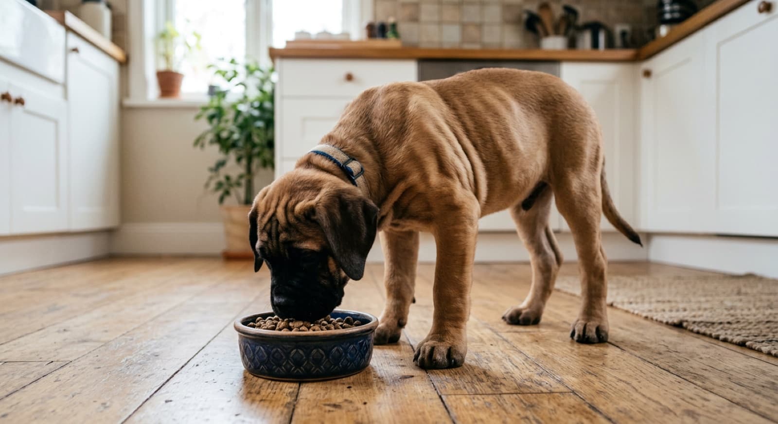 Bullmastiff puppy eating from a bowl on a home kitchen floor
