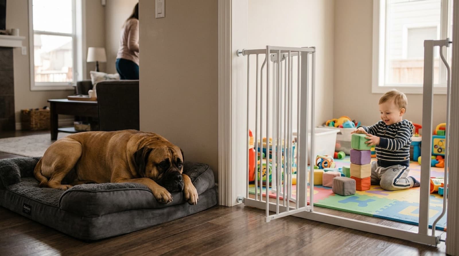 A baby gate separating a Bullmastiff from a toddler play area in a Calgary suburban home, illustrating the environmental management approach to size-based knockdown risk