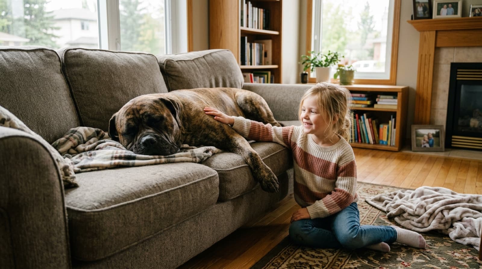 A calm adult Bullmastiff lying peacefully on a couch in a Calgary suburban living room with a small child sitting on the floor next to them, demonstrating the actual breed temperament that contradicts the dangerous reputation