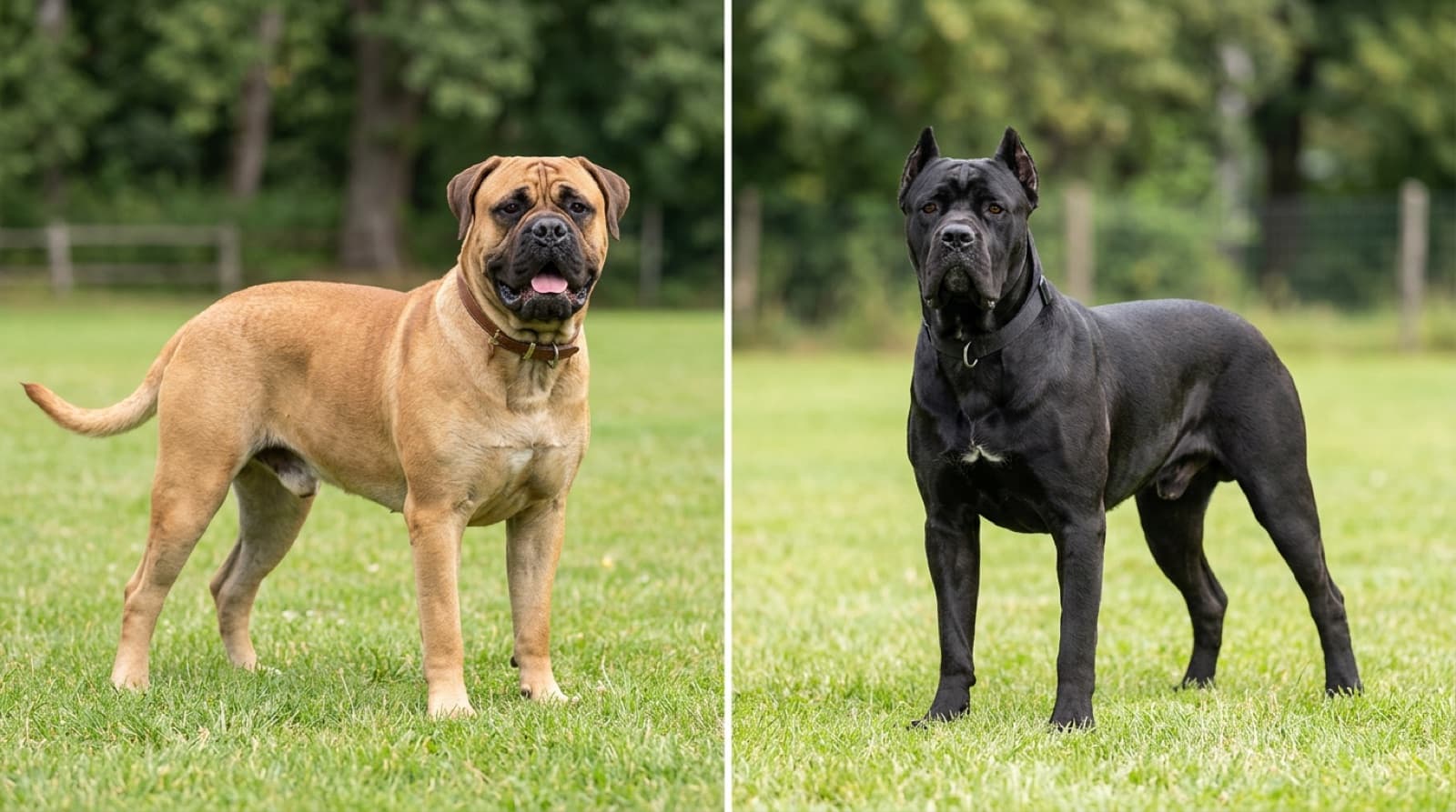 A side by side comparison showing a calm Bullmastiff and a more alert Cane Corso, illustrating the visual similarity that causes trainer confusion despite the very different breed temperaments