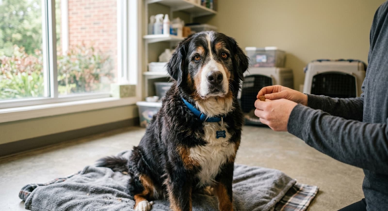 Senior tri-colour Bernese Mountain Dog with a hopeful expression waits in a Calgary rescue setting