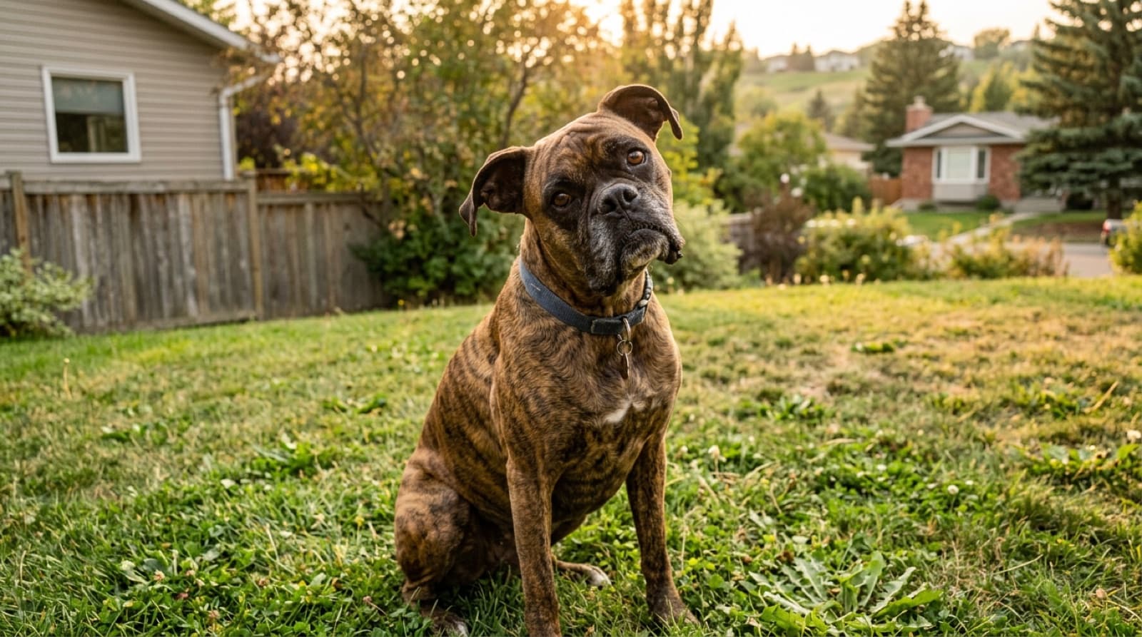 A brindle adult Boxer with a happy expression looking up at the camera in a Calgary suburban backyard, illustrating the rescue Boxer adoption path