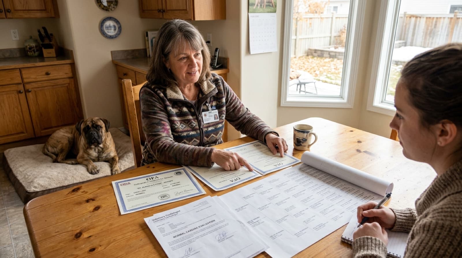 A Calgary CKC Bullmastiff breeder showing OFA hip and elbow clearance certificates, cardiac clearance reports, and a five-generation pedigree to a prospective puppy buyer