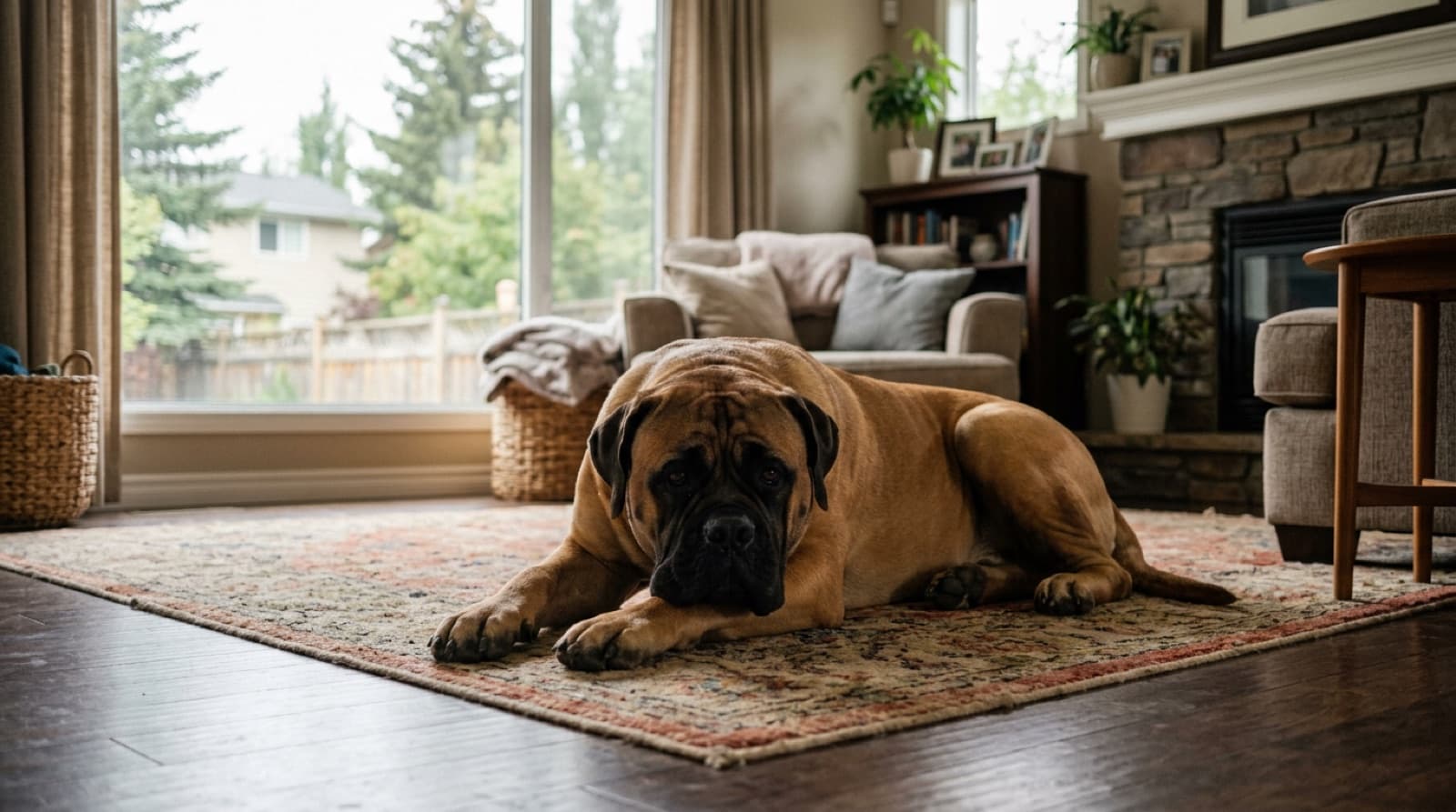 A calm adult fawn Bullmastiff with the breed's characteristic dark mask, lying on the floor of a Calgary suburban living room, illustrating the breed's quiet companion temperament