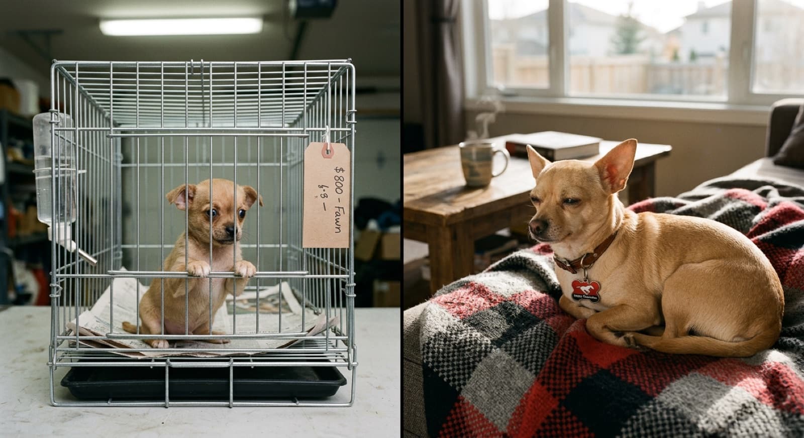 A small tan Chihuahua resting on a Calgary couch, showing the typical adult size and settled temperament of a rescue Chi