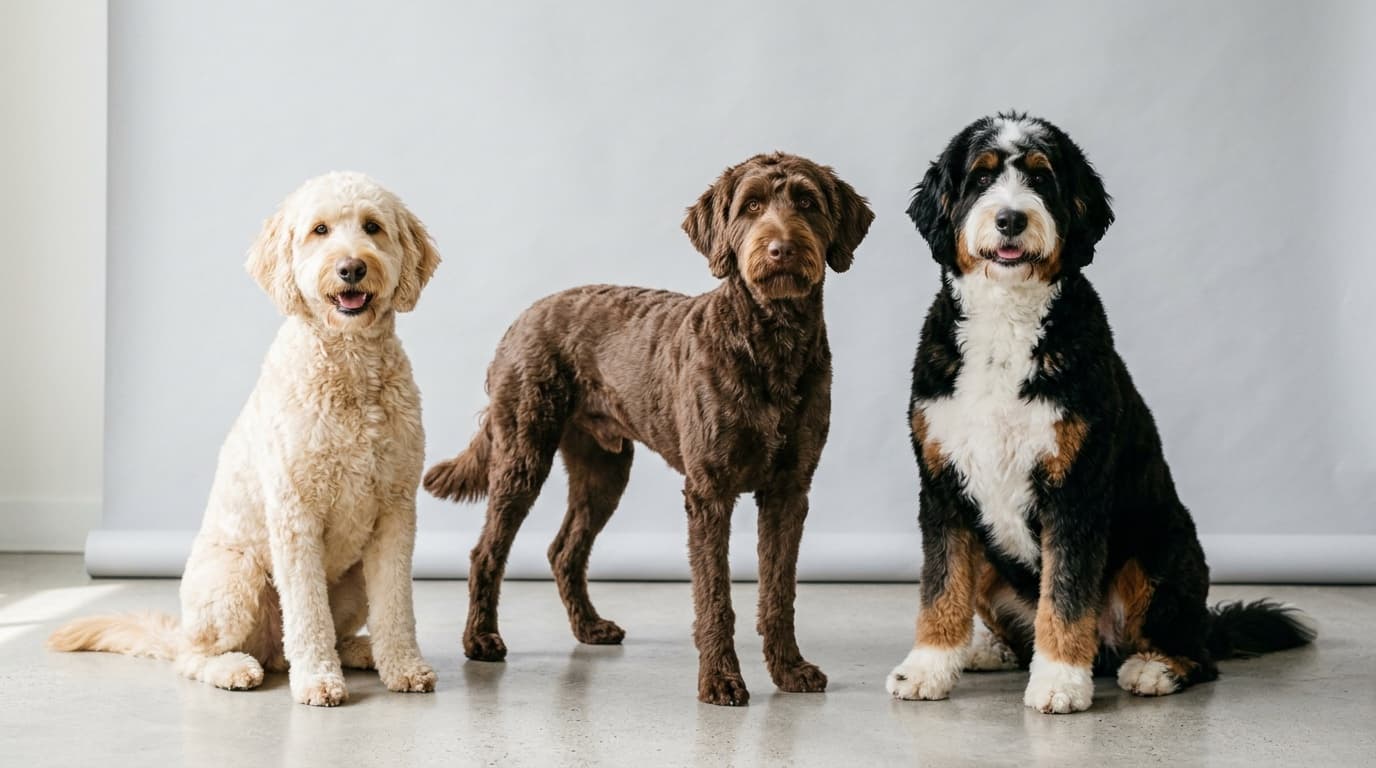 Goldendoodle, Labradoodle, and Bernedoodle Doodle types side-by-side
