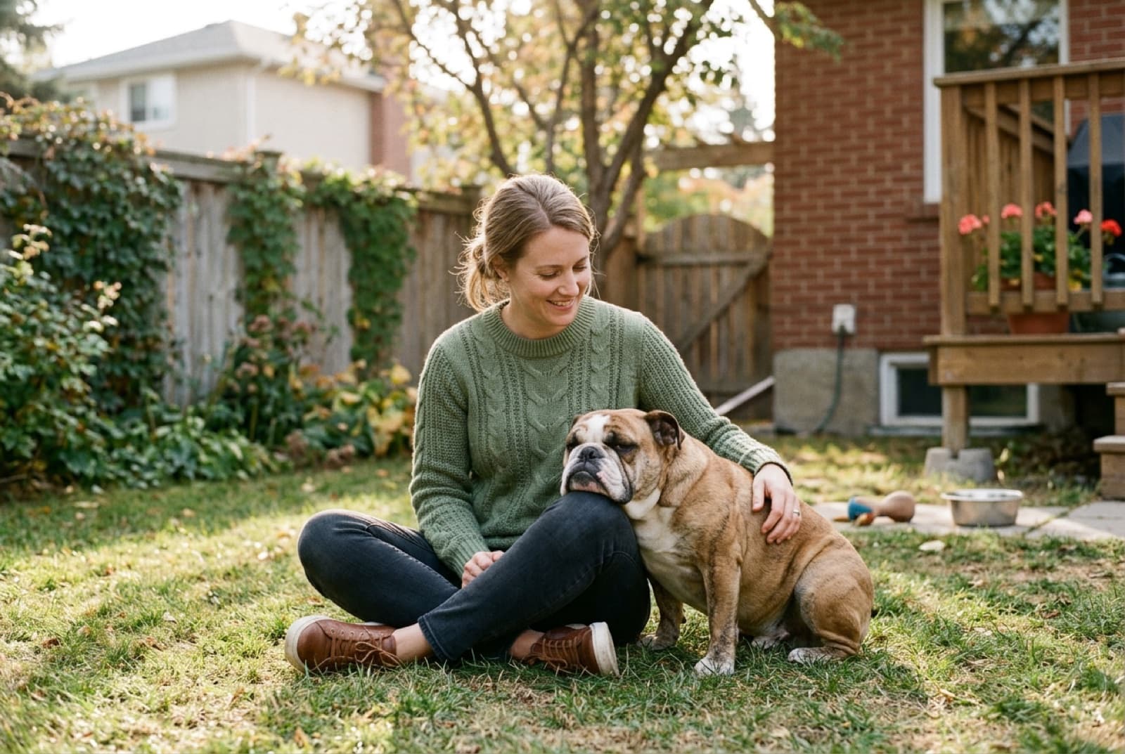 A Calgary rescue volunteer with a brindle pied English Bulldog at an adoption meet-and-greet, showing the rescue intake reality