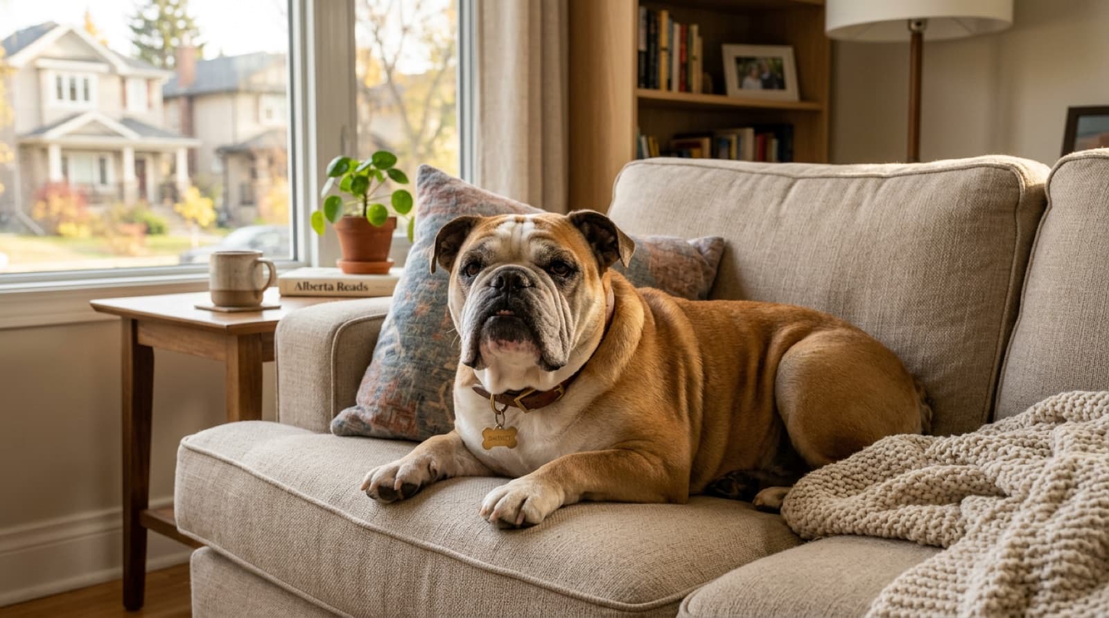 An adult fawn-and-white English Bulldog resting calmly on an Edmonton living room couch, illustrating the typical mature rescue Bulldog temperament