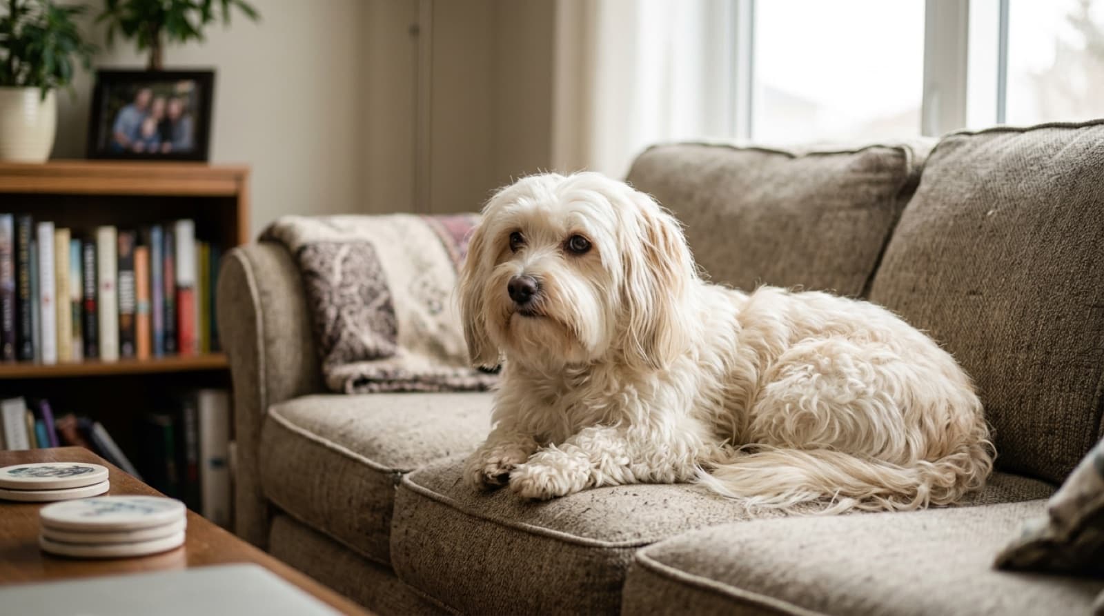 A cream and caramel adult Havanese sitting on a Calgary couch in a puppy cut, showing the typical rescue Havanese coat and friendly temperament