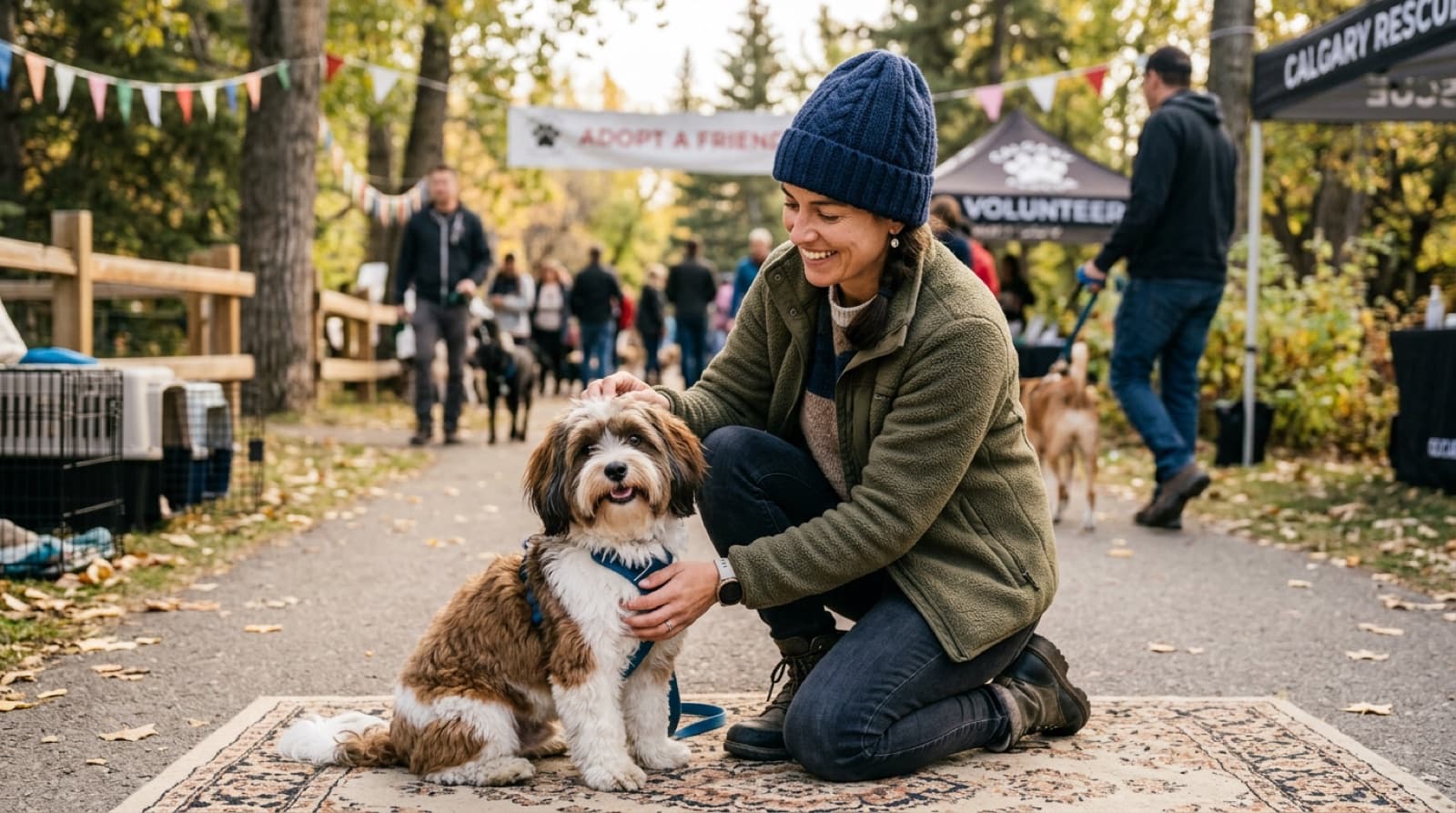 A Calgary foster volunteer brushing a senior Havanese in a home setting, showing the breed-specific rescue intake reality and grooming commitment