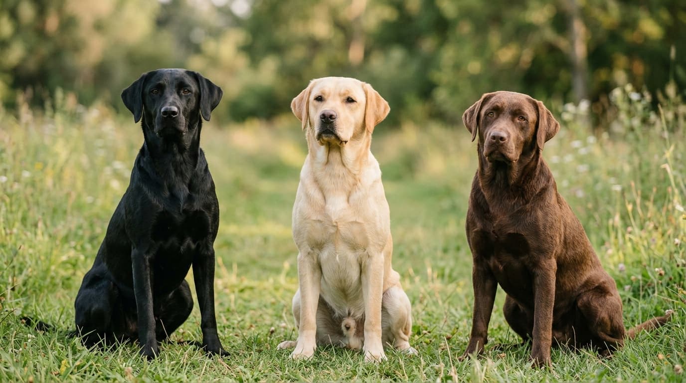 Three Labrador Retrievers — black Lab rescue, yellow Lab CKC breeder, chocolate Lab — side-by-side