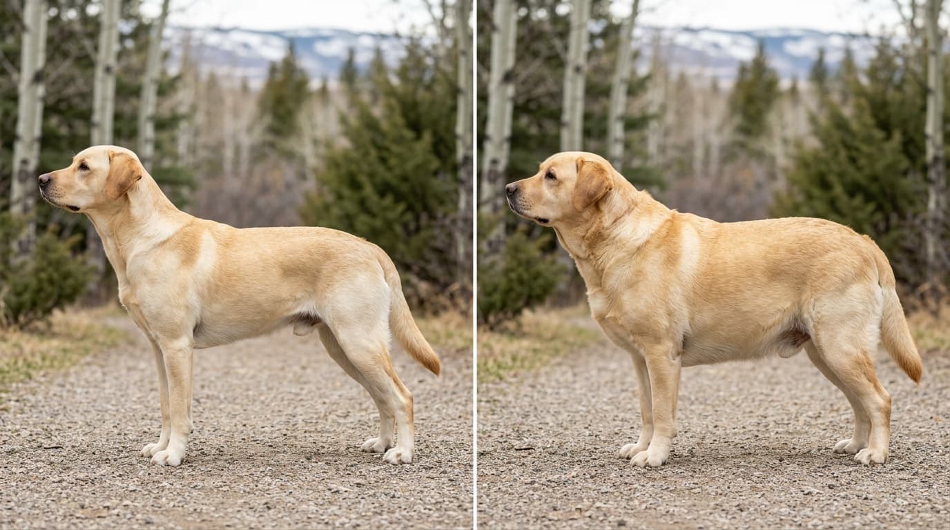 Lean Labrador Retriever vs overweight Labrador Retriever side-by-side comparison illustrating breed obesity epidemic
