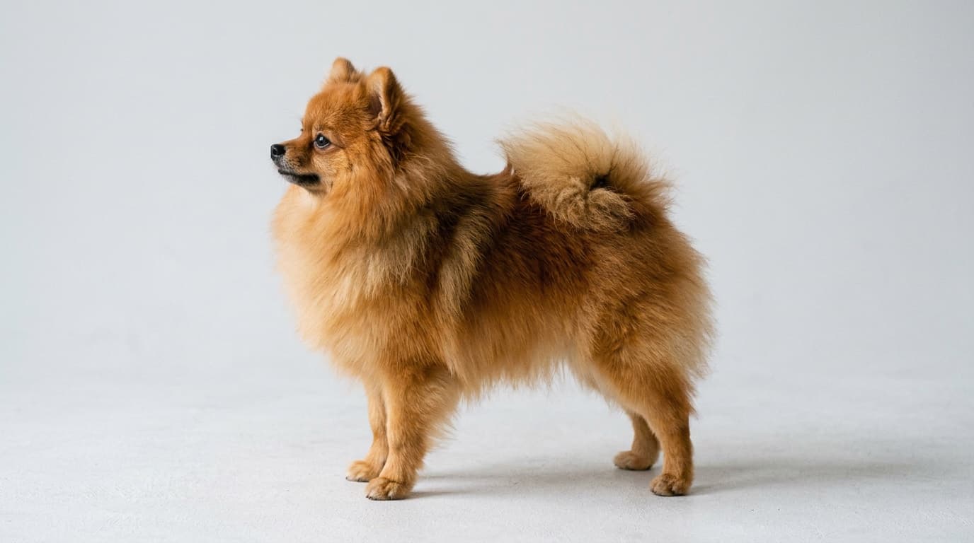 Healthy adult Pomeranian standing in profile showing breed-standard 3-7 lb size and proportions
