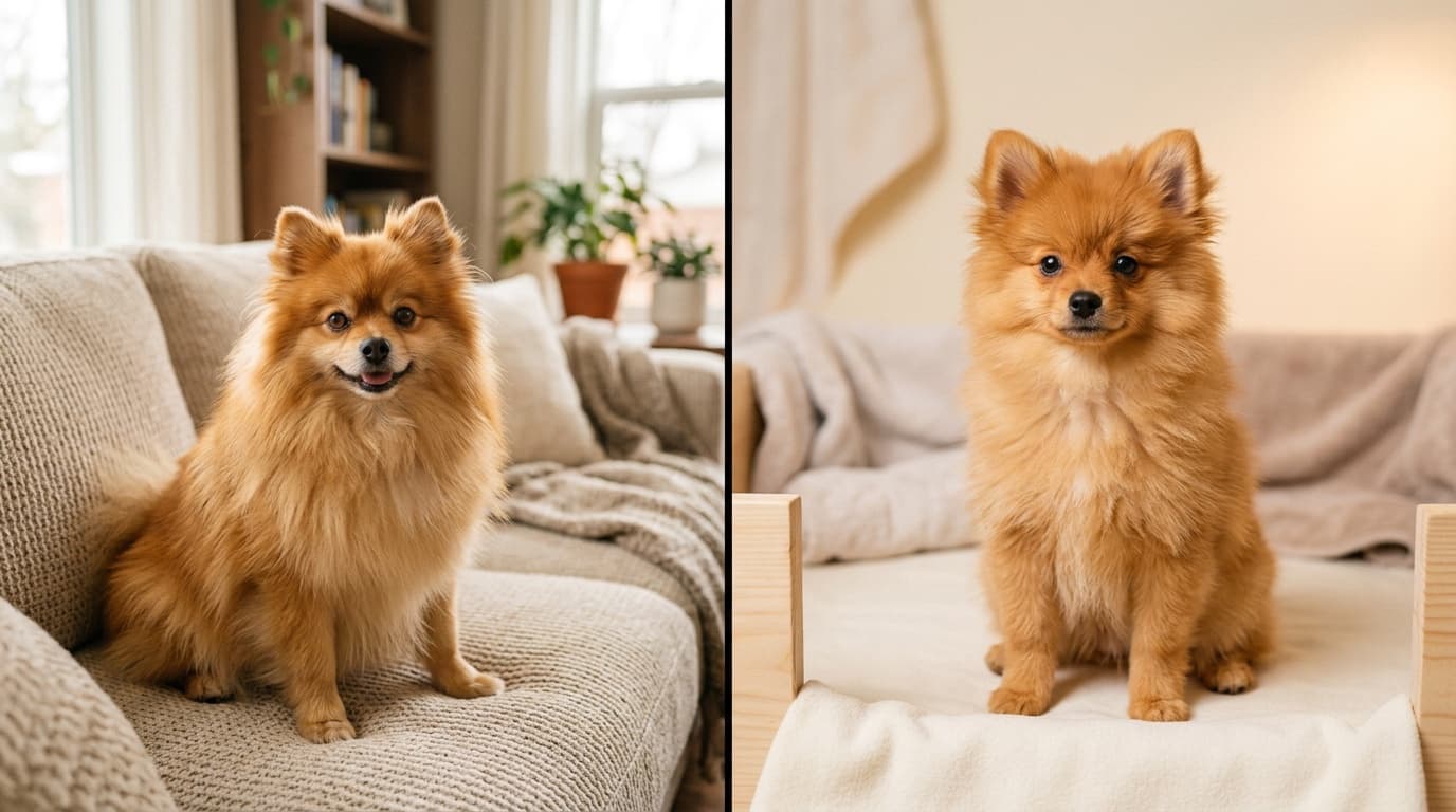 Pomeranian dog comparison — rescue Pomeranian and breeder Pomeranian side-by-side