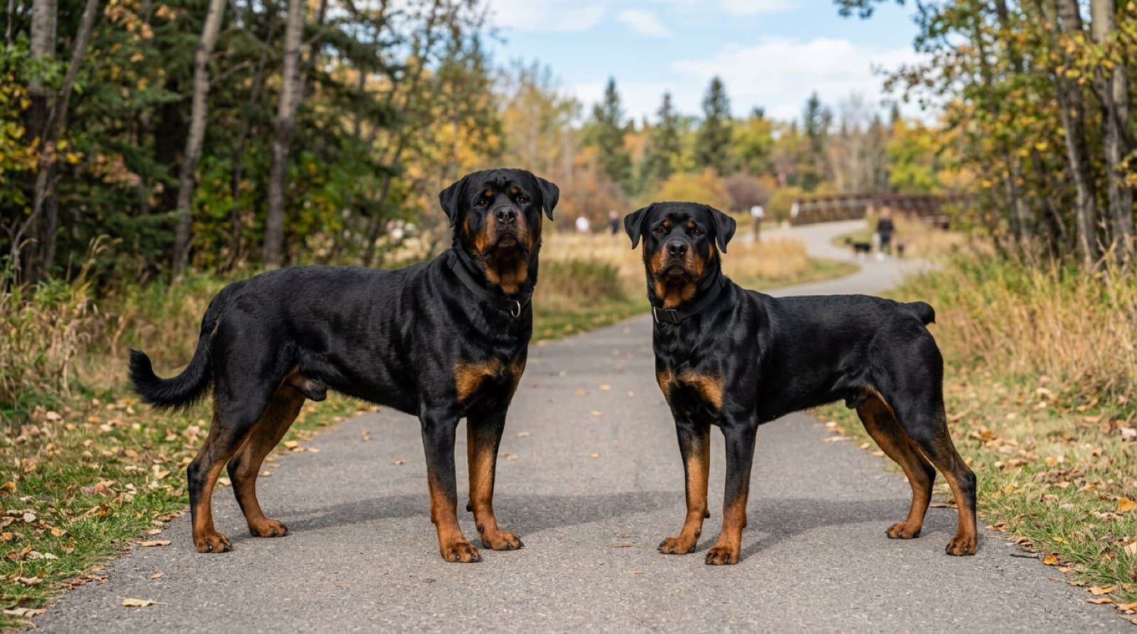 A larger, blockier German Rottweiler standing next to a slightly smaller American Rottweiler, illustrating the structural differences between the two main breeding directions