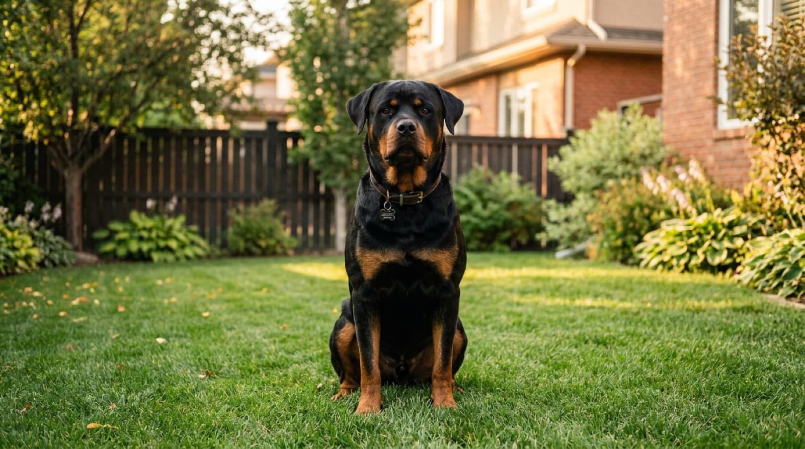 A calm adult Rottweiler with classic black-and-rust coloring sitting attentively on a Calgary suburban backyard lawn, illustrating the breed's dignified family-companion temperament when properly raised