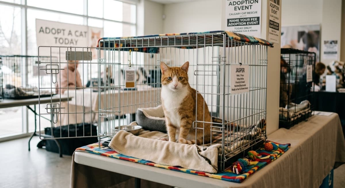 A relaxed cat in a private boarding suite at a Calgary cat-only facility, soft lighting, captures the cat-only-boarding principle over kennels
