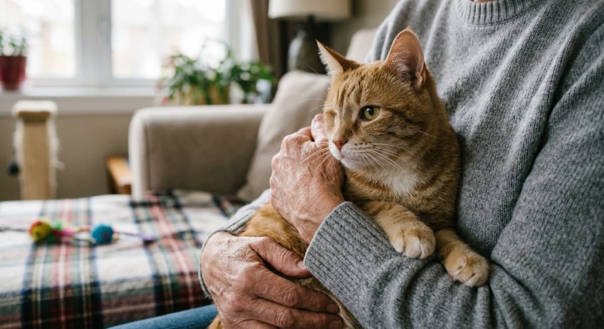 A Calgary rescue cat with one eye gently being held by a foster volunteer at a special-needs rescue, captures the dedication of Calgary special-needs cat rescues
