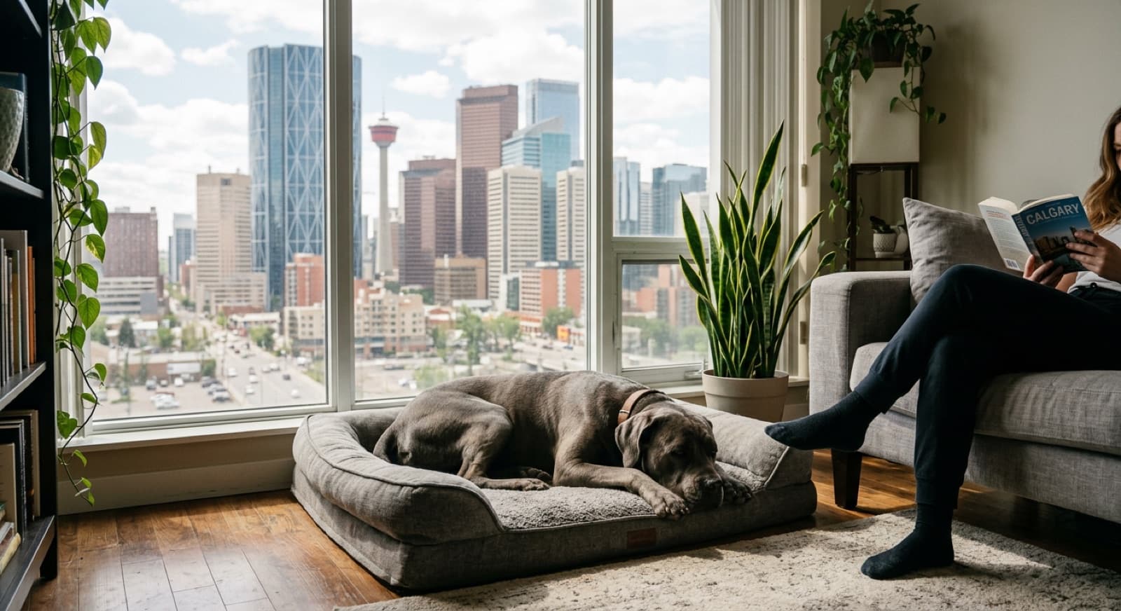 Adult Cane Corso resting calmly in a Calgary apartment near a window, illustrating the realities of large guardian breed apartment living