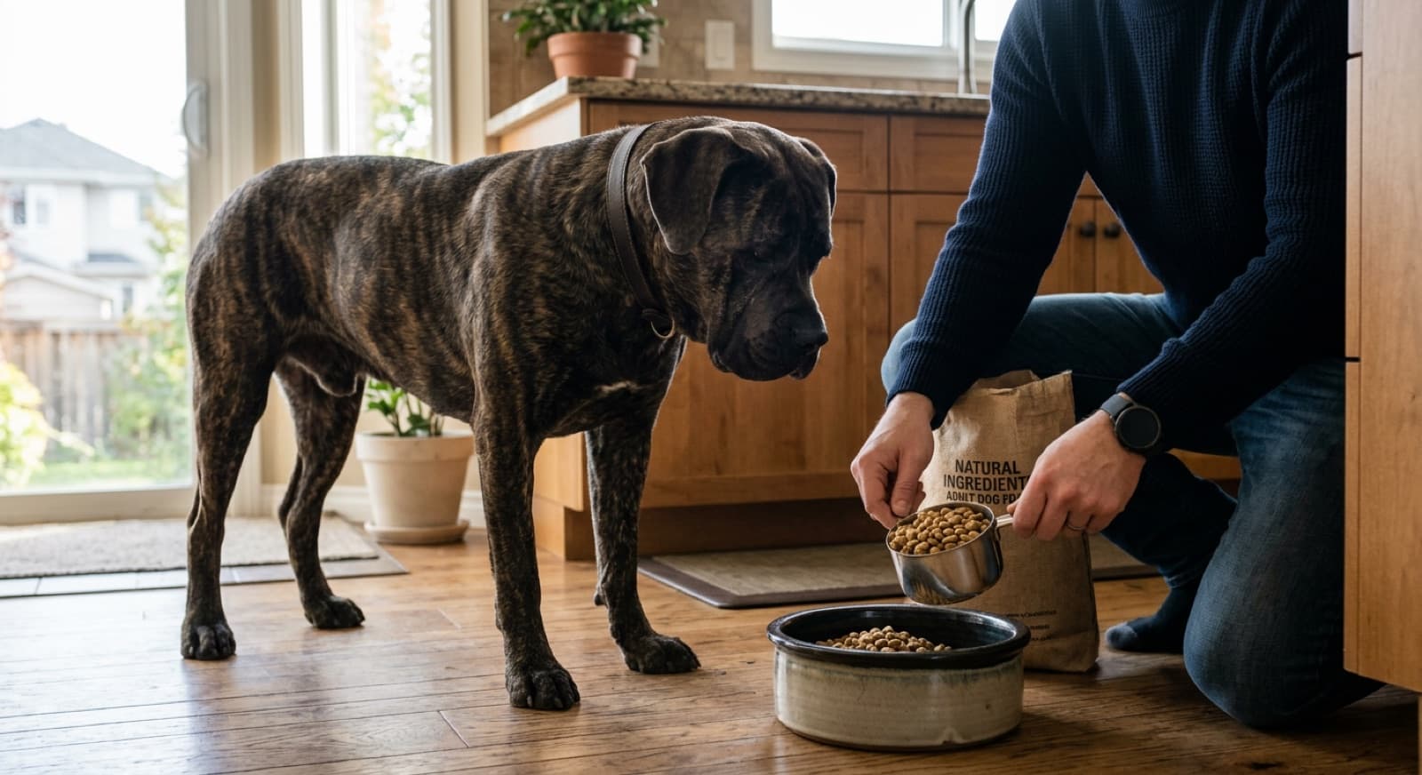 An adult Cane Corso standing beside a large bag of premium large-breed kibble in a Calgary home, illustrating the volume of food required to feed a giant-breed dog