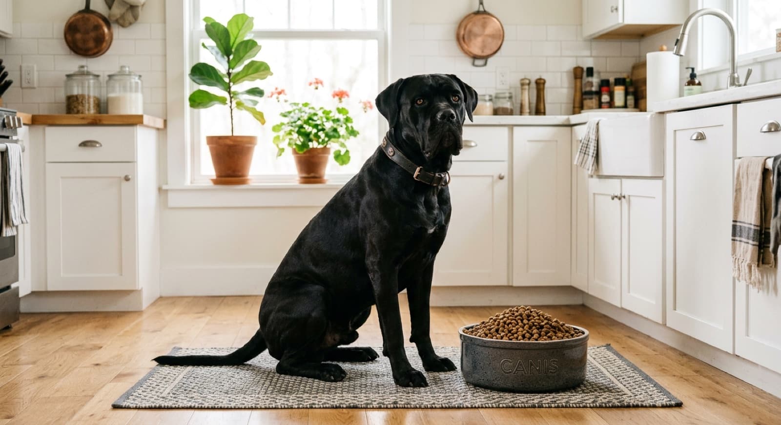 Cane Corso sitting beside a large bowl of kibble in a bright home kitchen