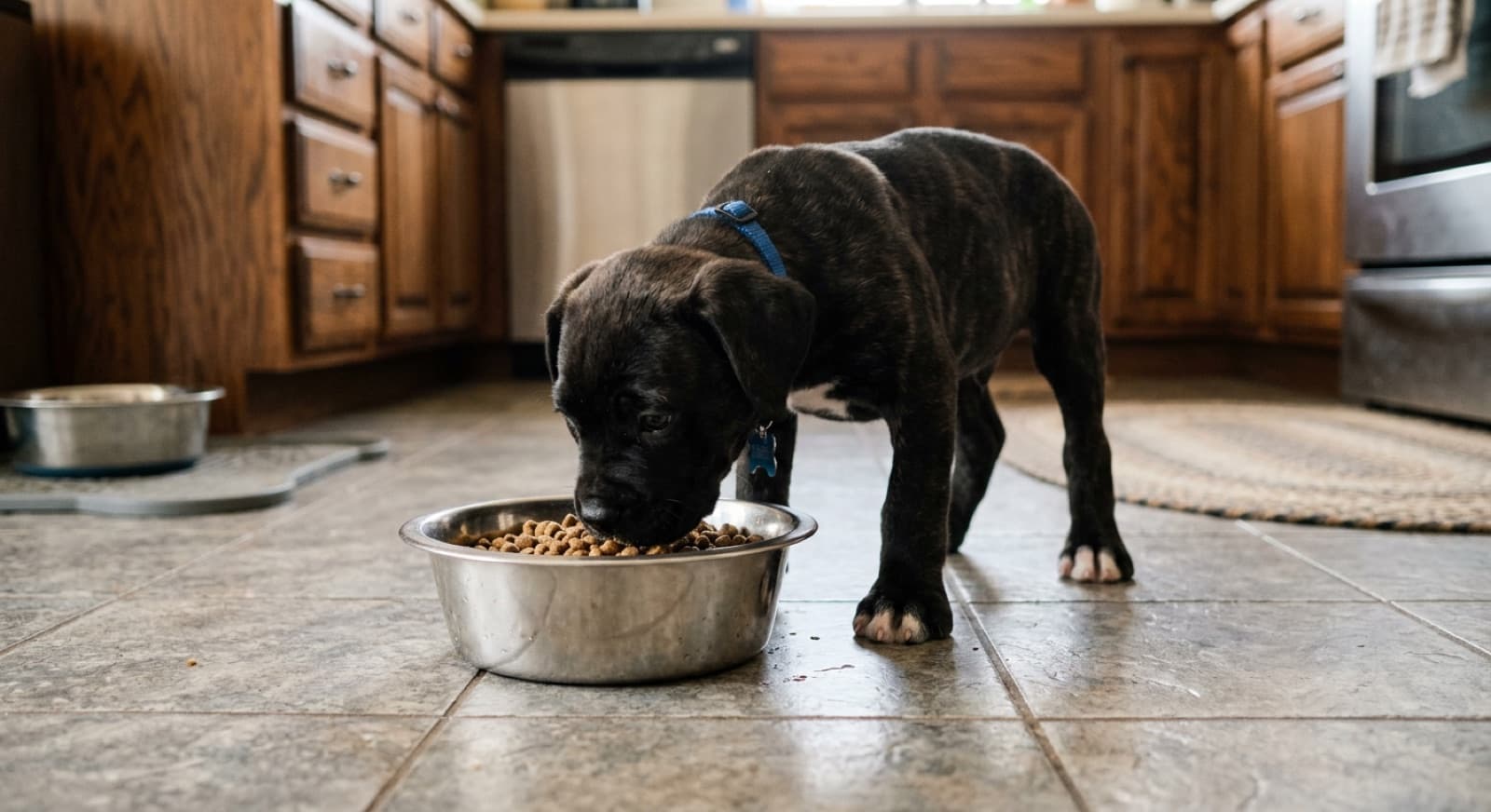 Cane Corso puppy eating from a stainless bowl on a home kitchen floor