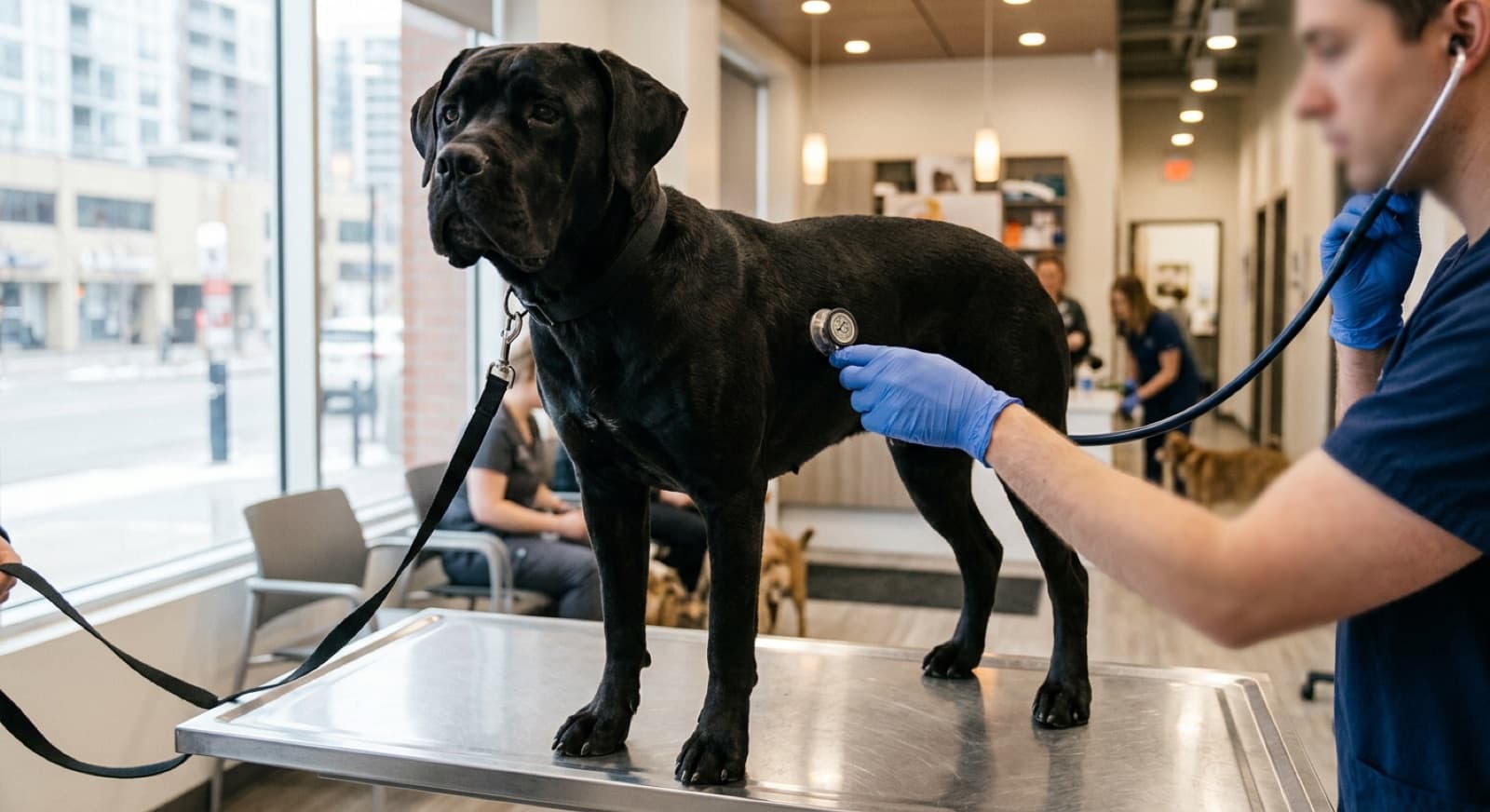 Adult Cane Corso resting calmly at a Calgary veterinary exam, illustrating annual health screening for the breed