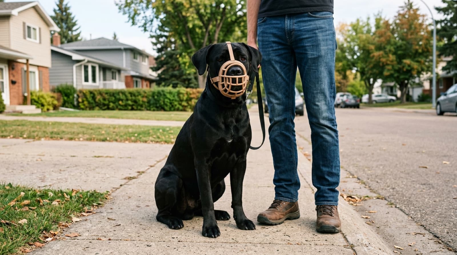 A calm adult Cane Corso wearing a basket-style muzzle for routine vet-visit training, sitting attentively next to its owner on an Edmonton suburban street, illustrating muzzle training as responsible ownership