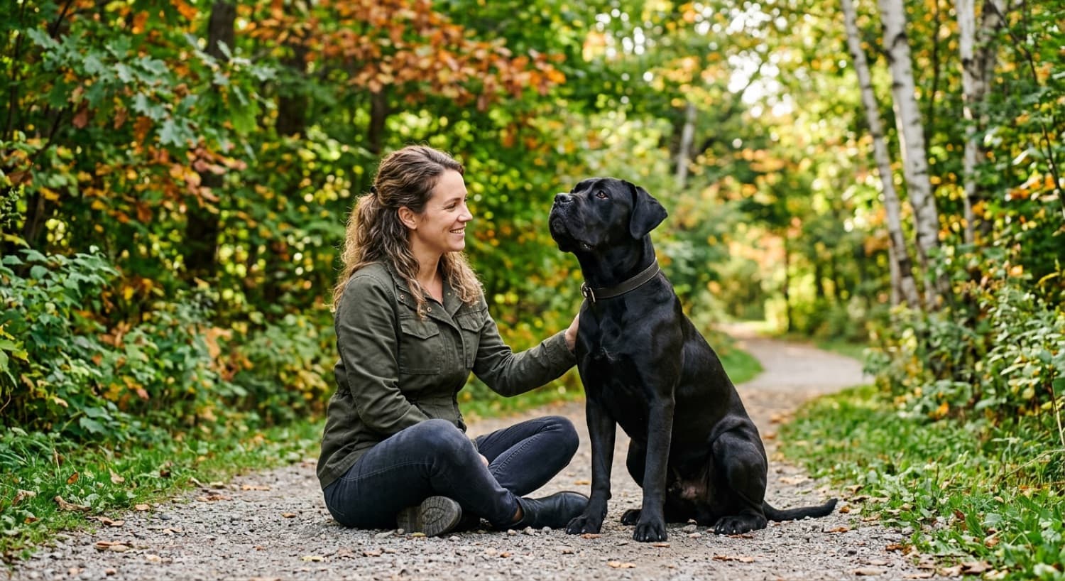 A Cane Corso working through a training session with its owner on a Vancouver trail
