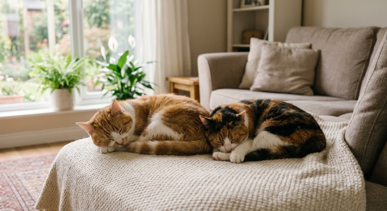Two cats resting calmly in the same bright Toronto living room