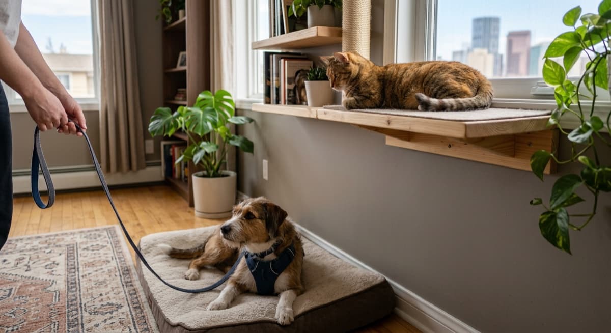 A calm Calgary cat on a high cat shelf observing a leashed dog below, both relaxed, captures the safe-vertical-space introduction principle