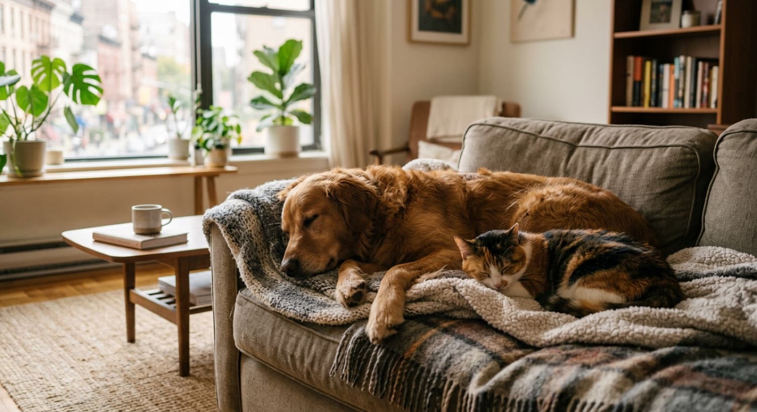 A relaxed dog and cat resting together in a bright Toronto home