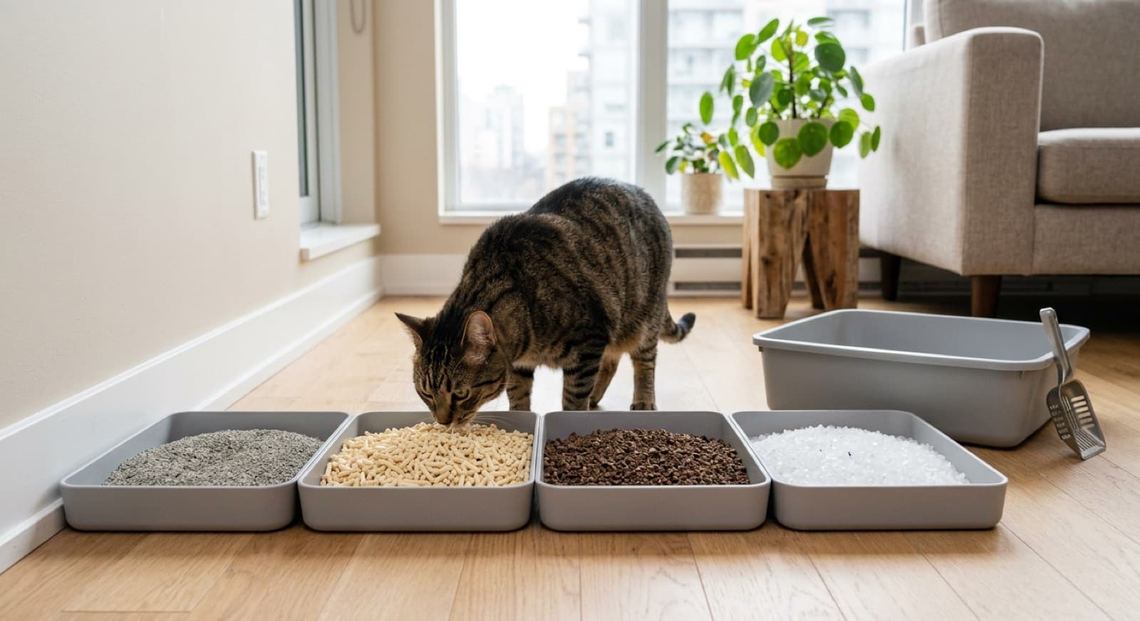 Several cat litter types in open trays side by side — fine grey clumping clay, light tofu pellets, dark walnut granules, and white silica crystals — beside an uncovered litter box, with a curious tabby investigating