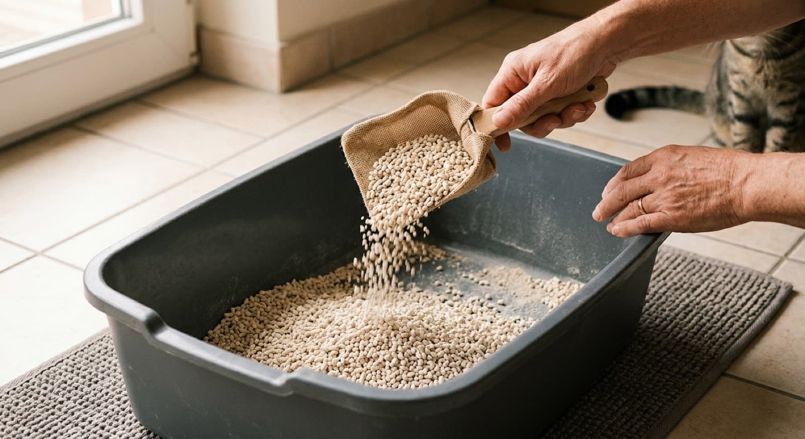 Hands pouring light-coloured eco cat litter slowly into a large high-sided litter box with a litter-trapping mat in front, demonstrating low-dust filling