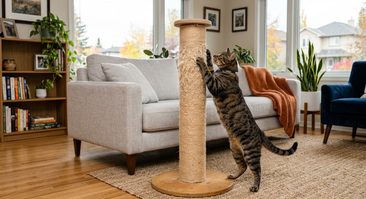 A Calgary cat using a tall sisal scratching post next to an undamaged sofa, captures the redirect-not-punish principle for cat scratching