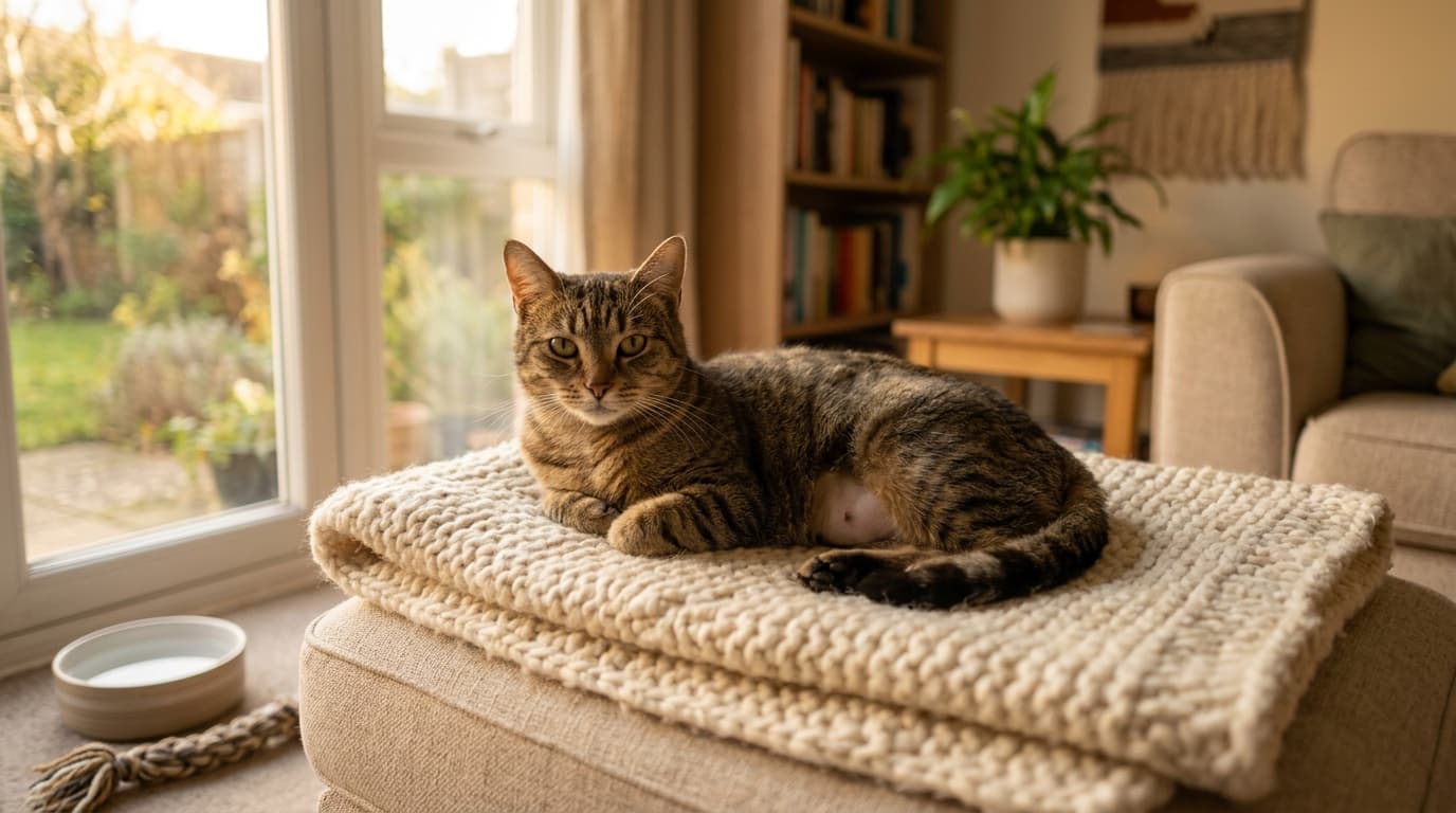 Healthy spayed tabby rescue cat resting calmly on a soft blanket near a sunlit window in a Calgary home