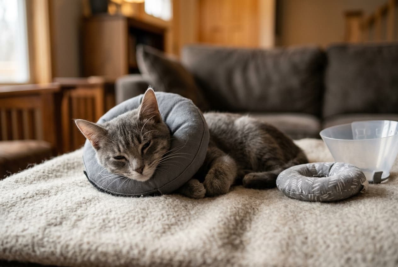 Cat wearing a soft fabric e-collar resting calmly indoors during post-spay recovery