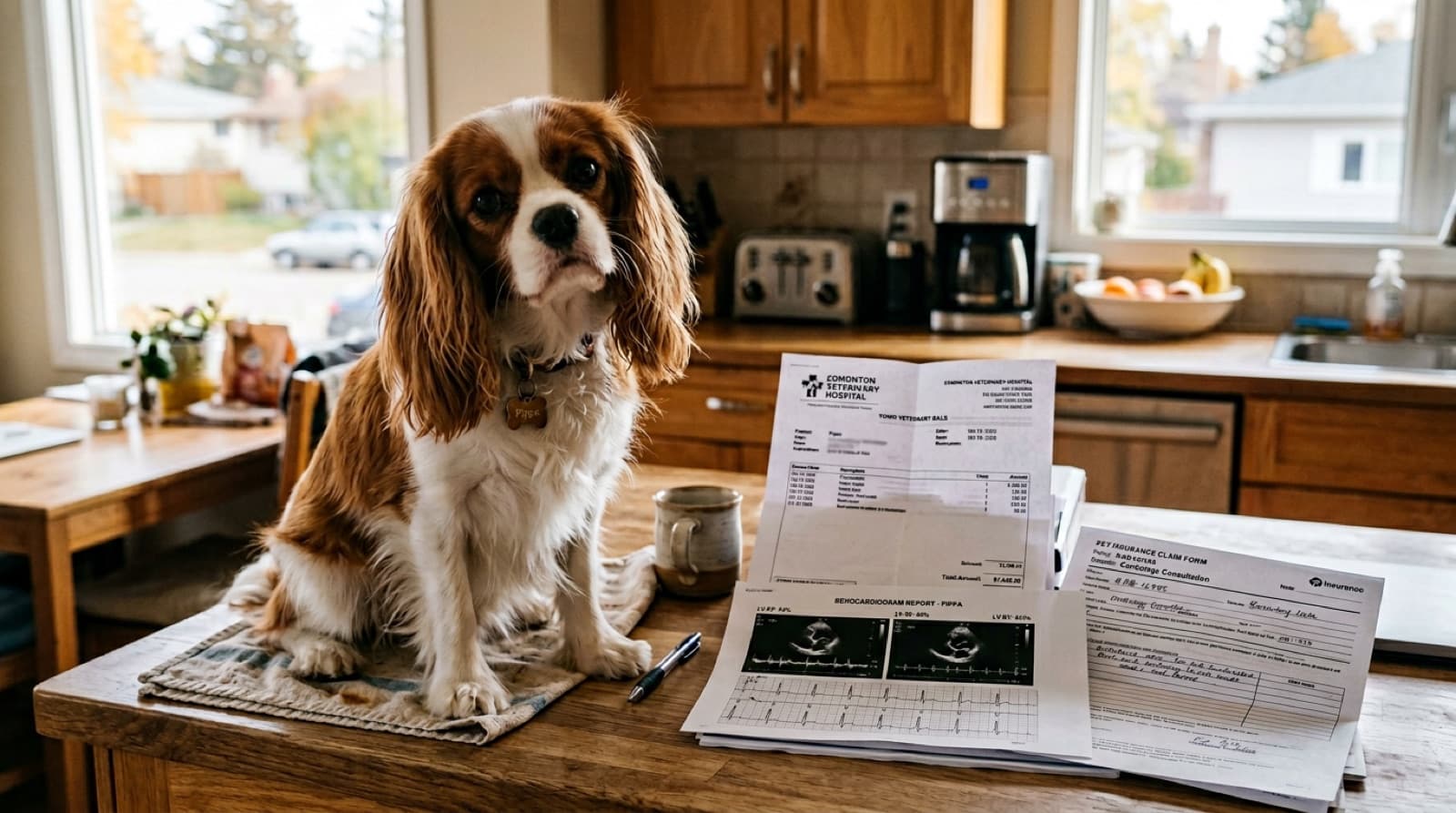 A Blenheim Cavalier King Charles Spaniel sitting beside an Edmonton kitchen table with vet bills, an echocardiogram printout, and pet insurance paperwork, representing honest cost planning for the breed