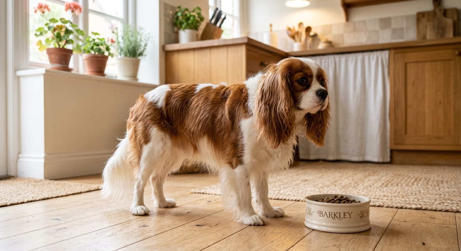 Cavalier King Charles Spaniel standing beside a bowl of kibble in a bright home kitchen